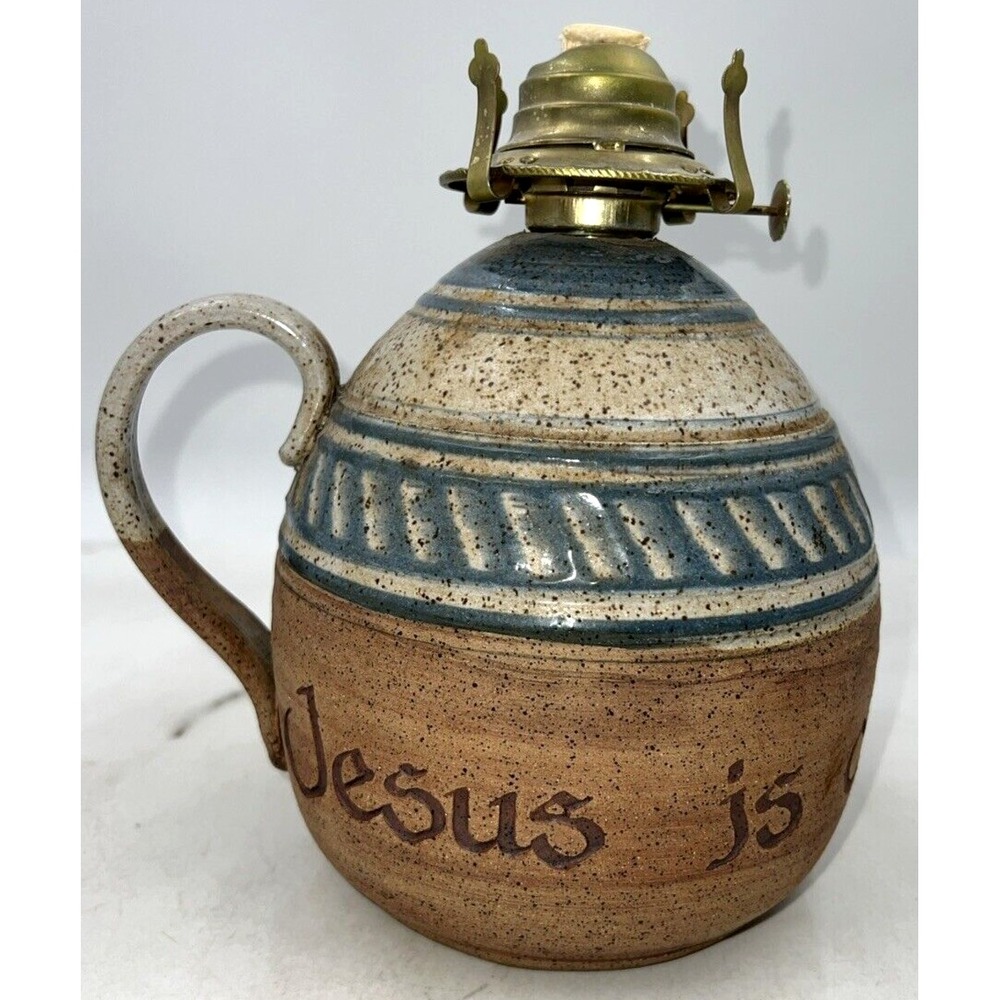 VTG Rusterholtz Pottery Oil Lamp Blue Brown 8.5" Home Decor Art Jesus is Light